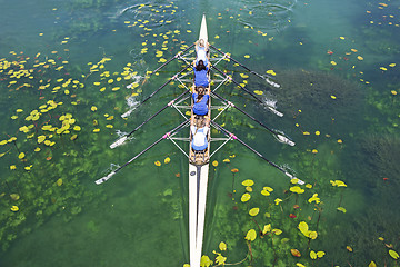 Image showing Four women rowing on the tranquil lake