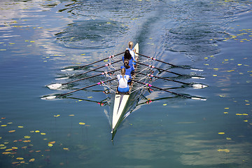 Image showing Four women rowing on the tranquil lake