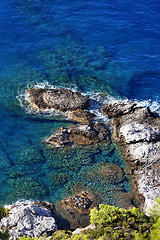 Image showing Top view on blue clear sea at sun day