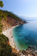 Image showing Top view on sea beach at sun day