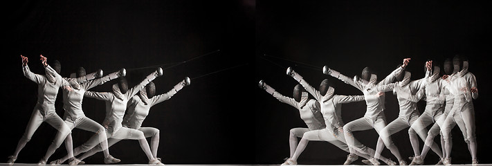 Image showing Duel fencers on a black background. collage of photos taken with stroboscope