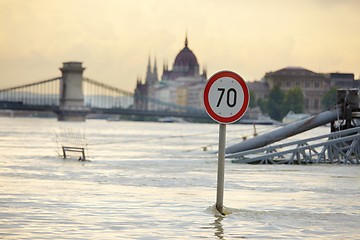 Image showing Flooded street with sign