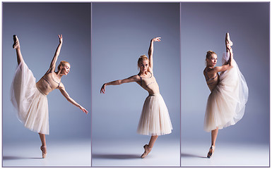 Image showing The young beautiful ballerina dancing on a gray background. Collage