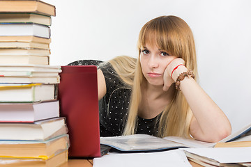 Image showing Girl student sitting at a desk with a laptop and sadly looks out from behind a pile of books