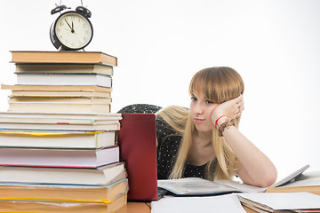 Image showing Sad girl student sitting at a desk with a large stack of books and looking at the laptop