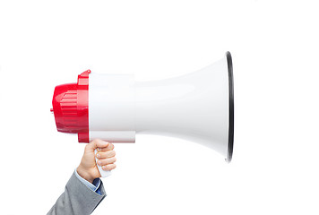 Image showing businessman in suit holding megaphone