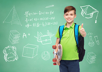 Image showing boy with backpack and skateboard showing thumbs up