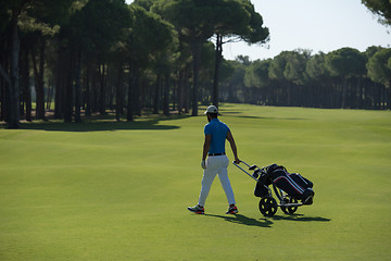 Image showing golf player walking with wheel bag