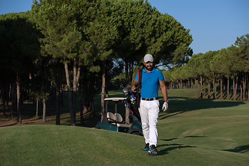 Image showing golfer  walking and carrying golf  bag