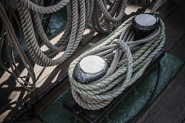 Image showing The ropes braided in bays on an ancient sailing vessel