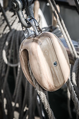 Image showing Blocks and rigging at the old sailboat, close-up