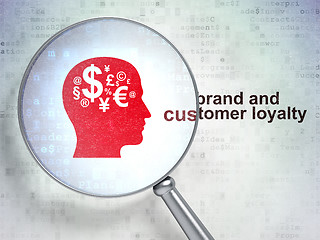 Image showing Advertising concept: Head With Finance Symbol and Brand and Customer loyalty with optical glass