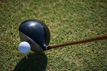 Image showing top view of golf club and ball in grass