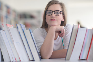 Image showing portrait of famale student selecting book to read in library