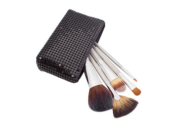 Image showing Set of make-up brushes in bag isolated on white