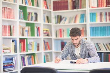 Image showing portrait of student while reading book  in school library