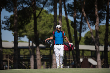 Image showing golf player walking and carrying bag