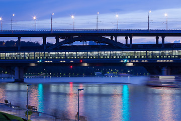 Image showing summer night landscape with Luzhnetsky metro bridge