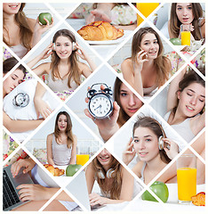 Image showing The young beautiful girl in bed at home. collage