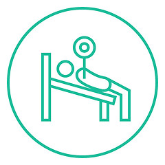 Image showing Man lying on bench and lifting barbell line icon.