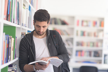 Image showing portrait of student while reading book  in school library