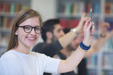 Image showing group of students  raise hands up