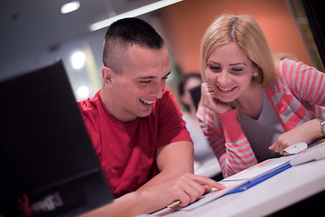 Image showing technology students group working  in computer lab school  class