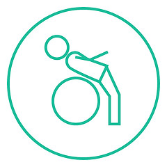 Image showing Man doing exercises lying on gym ball line icon.