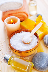 Image showing sea salt, soap and towels