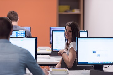 Image showing technology students group working in computer lab school  classr