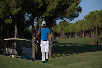 Image showing golfer  walking and carrying golf  bag