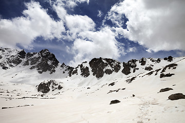 Image showing Snowy mountains at nice sun day