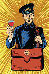 Image showing Smiling retro postman with a greeting glass of wine