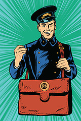 Image showing Friendly retro postman in blue uniform with bag