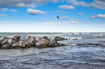 Image showing Sea waves breaking on the rocks, seascape