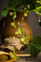 Image showing Jar with lime honey on a table, \rClose up