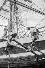 Image showing Anchor and rigging of an old sailboat, close-up  