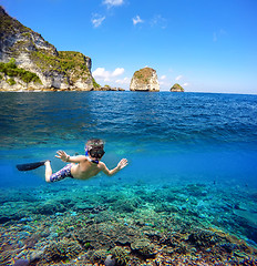 Image showing Underwater and surface split view in the tropics