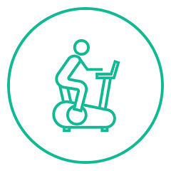 Image showing Man training on exercise bike line icon.