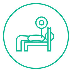 Image showing Man lying on bench and lifting barbell line icon.