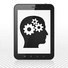 Image showing Information concept: Tablet Computer with Head With Gears on display