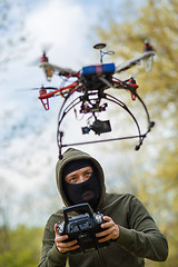 Image showing Man in mask operating a drone with remote control.