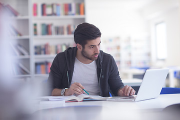 Image showing student in school library using laptop for research