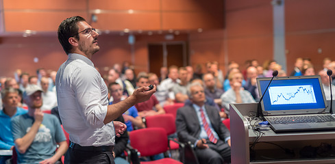 Image showing Public speaker giving talk at Business Event.