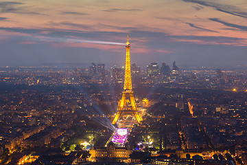 Image showing Eiffel Tower and Paris cityscape from above, France