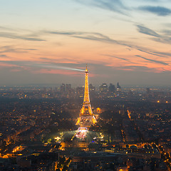 Image showing Eiffel Tower and Paris cityscape from above, France