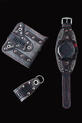 Image showing accessory kit. biker watch, wallet and key ring. 