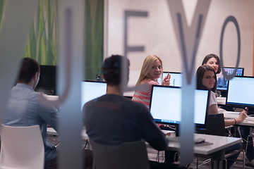 Image showing technology students group working  in computer lab school  class