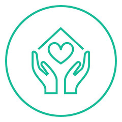 Image showing Hands holding house symbol with heart shape line icon.