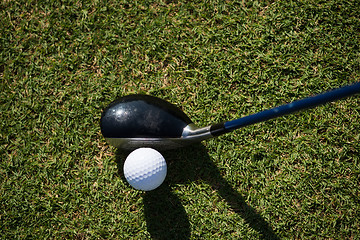 Image showing top view of golf club and ball in grass